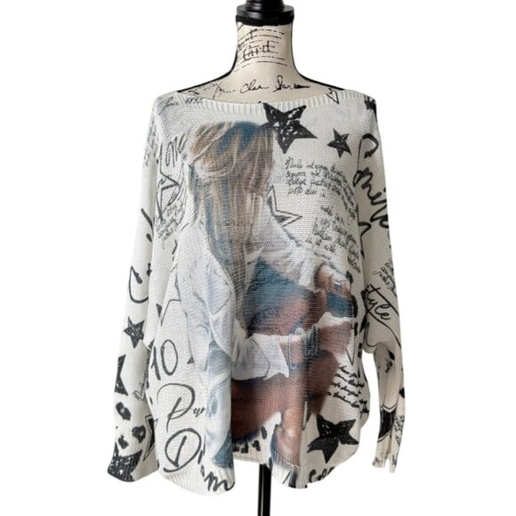 Made In Italy Sweaters - Made in Italy Womens Graphic Open Knit Sweater Long Sleeve Cowgirl Star Beach